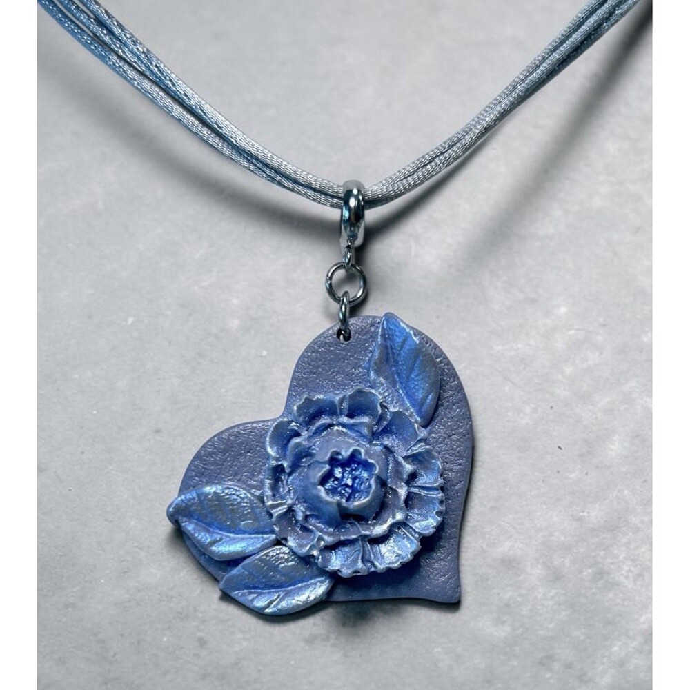 Handmade Lavender Floral Heart Shaped Polymer Clay Pendant Necklace Satin Cord